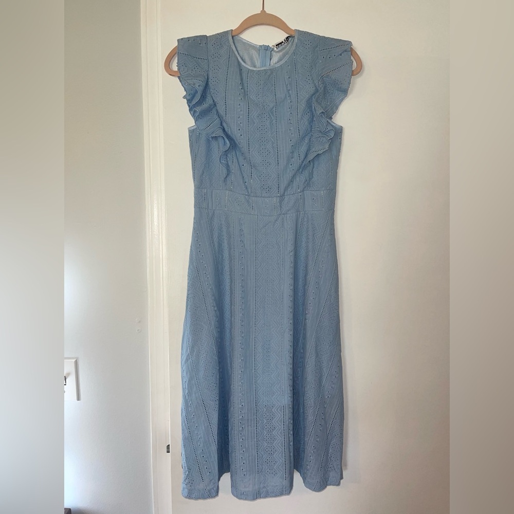 Elegant Sky Blue Midi Dress with Ruffle Accents